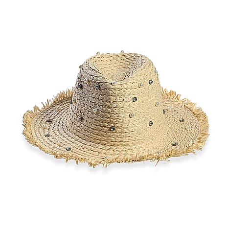 Designer Straw Sun Hat with Artificial Pearls (58cm) - Off White