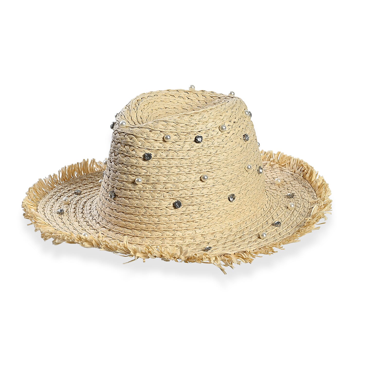 Designer Straw Sun Hat with Artificial Pearls (58cm) - Off White