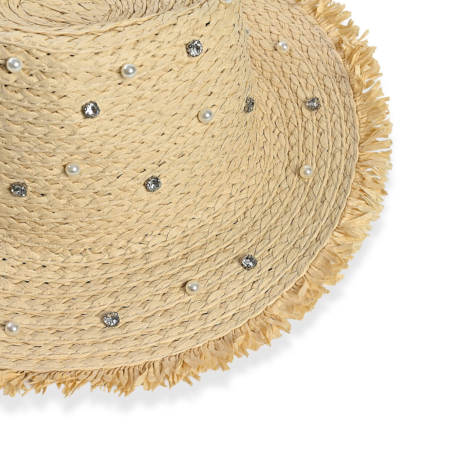 Designer Straw Sun Hat with Artificial Pearls (58cm) - Off White