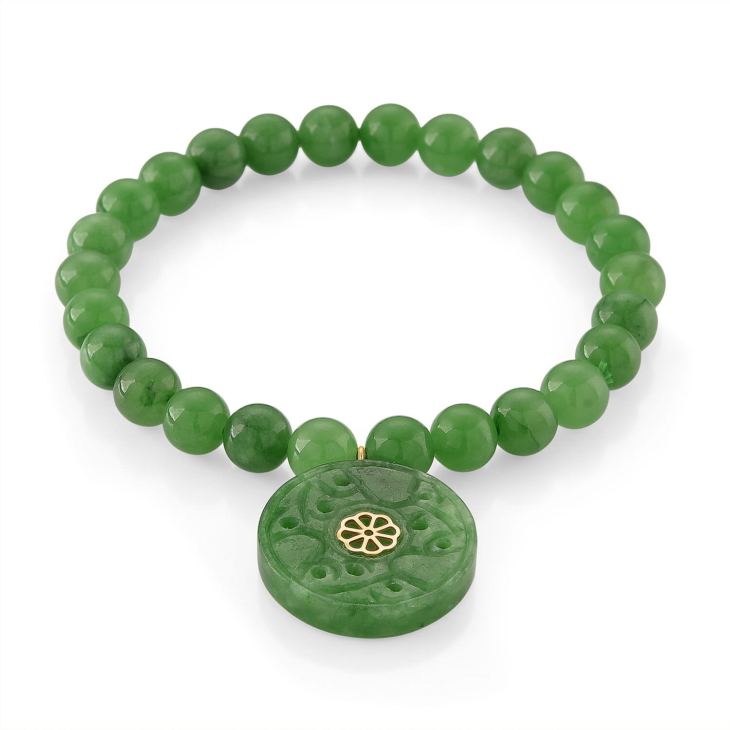 D'Joy Enhanced Green Jade Beads Stretchable Bracelet (Size - 7) in Yellow Gold Plated Sterling Silver 130.00 Ct.