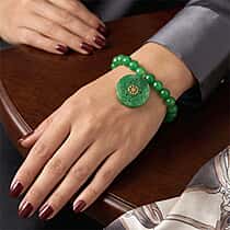 D'Joy Enhanced Green Jade Beads Stretchable Bracelet in Yellow Gold Plated Sterling Silver 130.00 Ct.