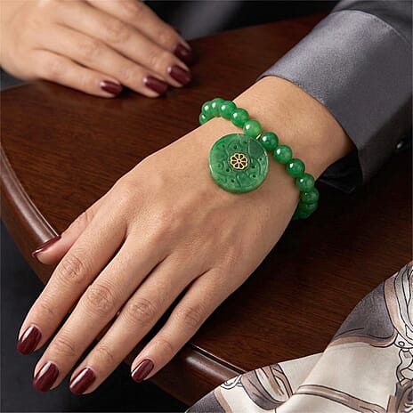D'Joy Enhanced Green Jade Beads Stretchable Bracelet in Yellow Gold Plated Sterling Silver 130.00 Ct.