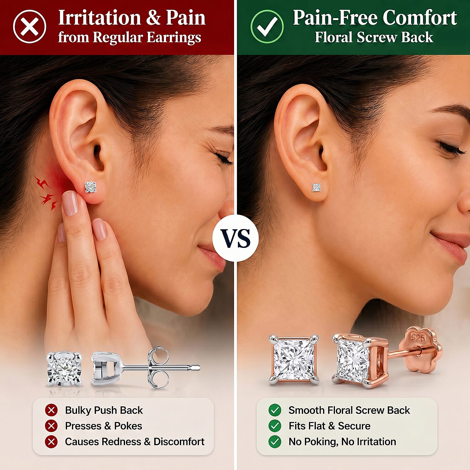 Luxuriant VS-EF Lab Grown Diamond Earring with Screw Back in 18K Vermeil Rose Gold Plated Sterling Silver 0.50 Ct.
