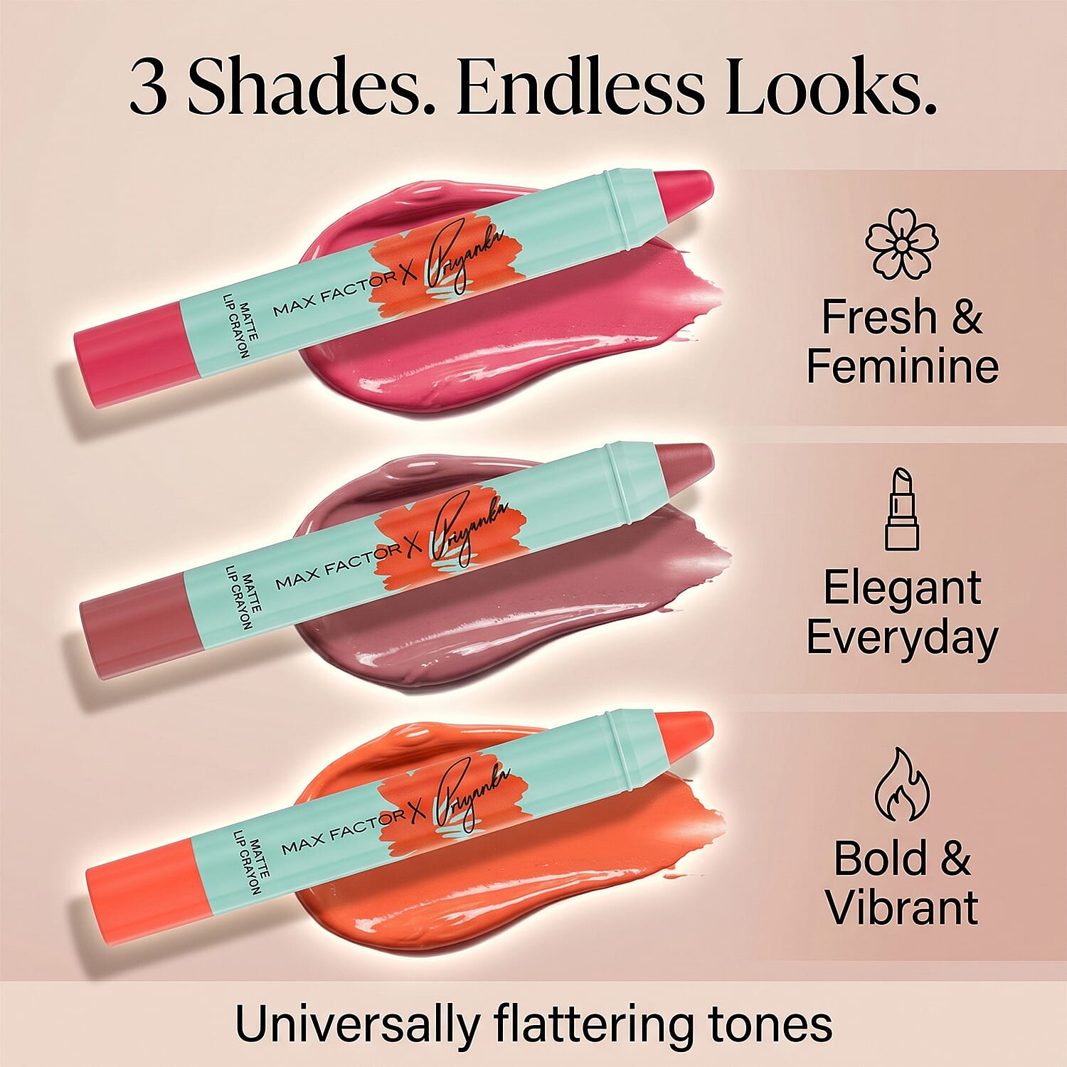 Set of 3- Max Factor Priyanka Lip Crayon - Includes Hibiscus, Mauve Love & Orange Grace
