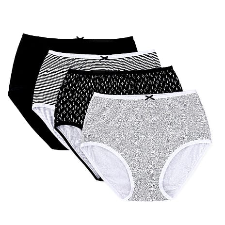 Pack of 4- Exquisite Elegance Mono Print Full Brief (Size 12-14) - Black & White, 100% Cotton