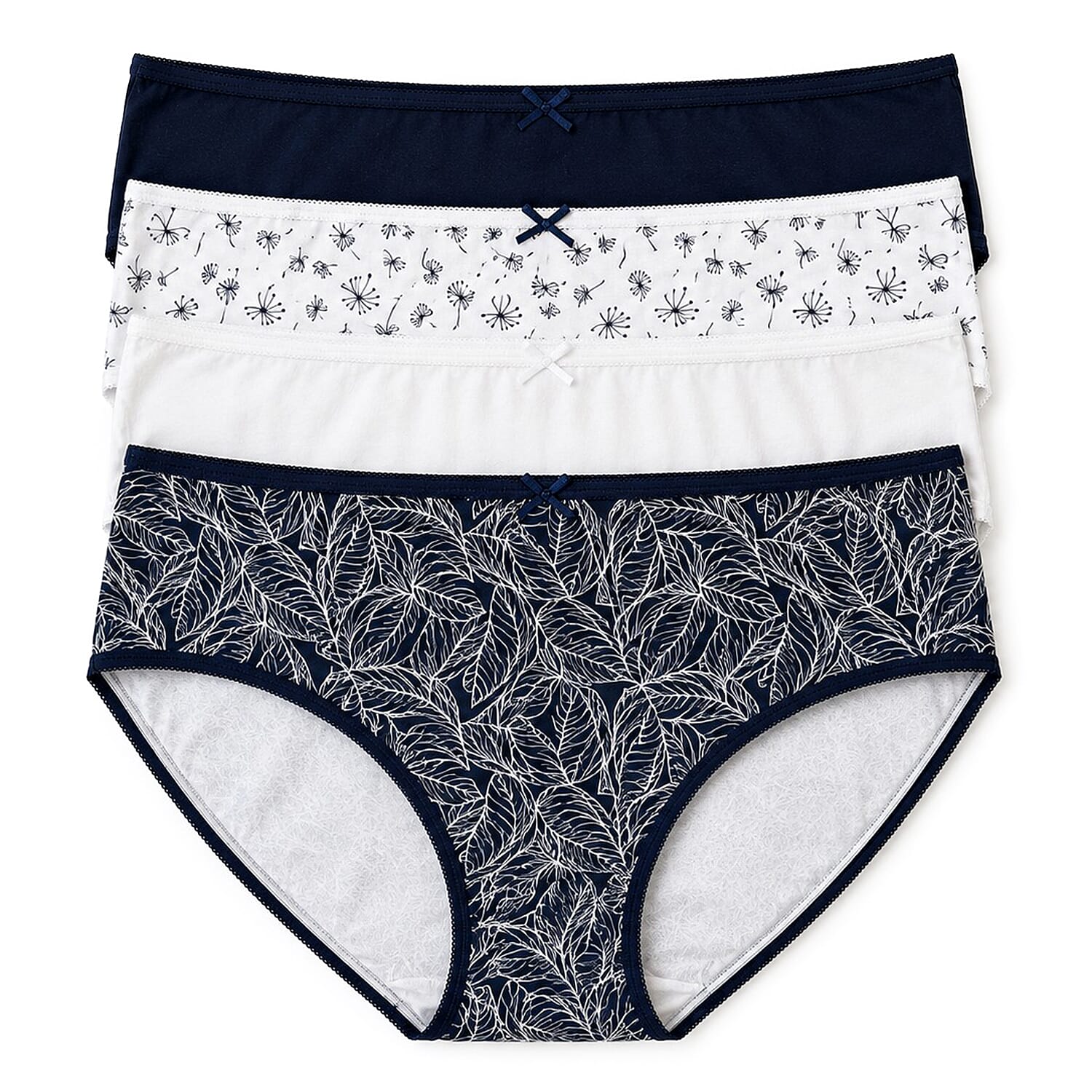 Pack of 4- Exquisite Elegance Midi Brief (Size 12) - Navy & White, 95% cotton & 5% Elastane
