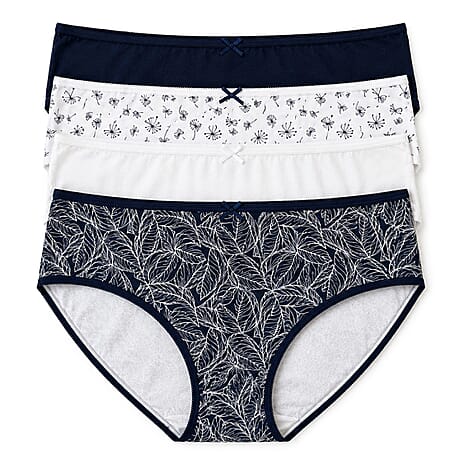 Pack of 4- Exquisite Elegance Midi Brief (Size 12) - Navy & White, 95% cotton & 5% Elastane