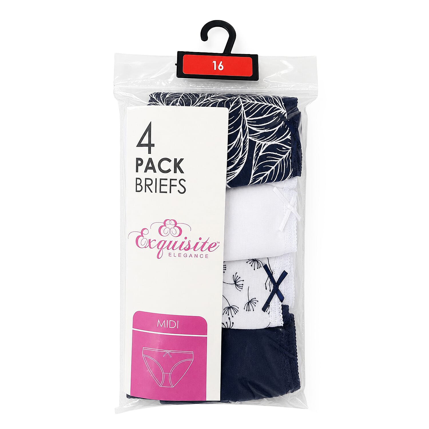 Pack of 4- Exquisite Elegance Midi Brief (Size 12) - Navy & White, 95% cotton & 5% Elastane