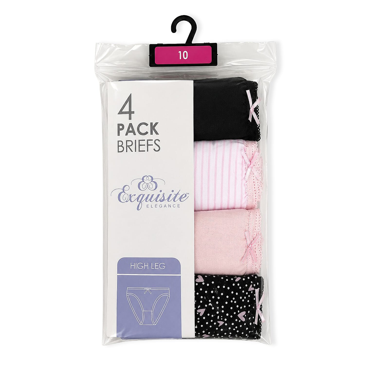 Pack of 4- Exquisite Elegance High Leg Brief (Size 12) - Pink & Black, 95% Cotton & 5% Elastane