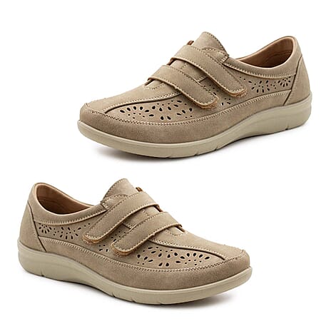 Cushion Walk Sophia Ladies Comfort Shoe With Double Touch And Close Fastening And Massage Insock (Size 7) - Beige