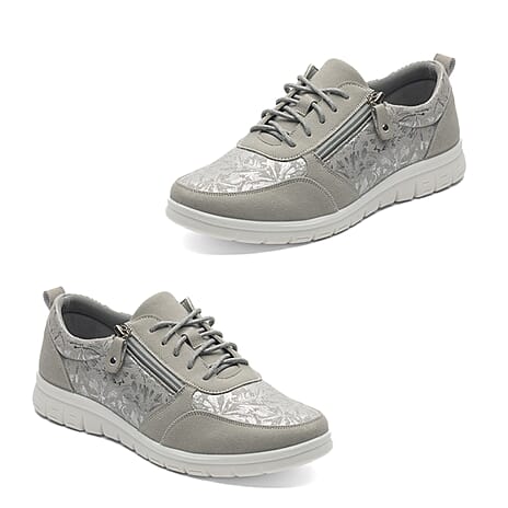 Cushion Walk Teri Ladies Multi Textured Laced Slip-On Design Sneakers With Removable Active Comfort Insole And Side Zip (Size 4) - Silver