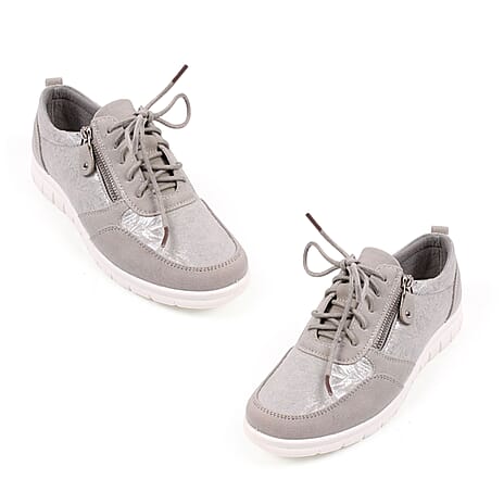 Cushion Walk Teri Ladies Multi Textured Laced Slip-On Design Sneakers With Removable Active Comfort Insole And Side Zip (Size 6) - Silver