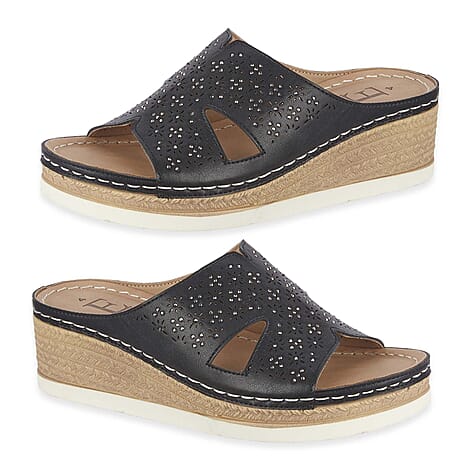 Emma Diamante Trim Ladies Wedge Sandals (Size 6) - Black