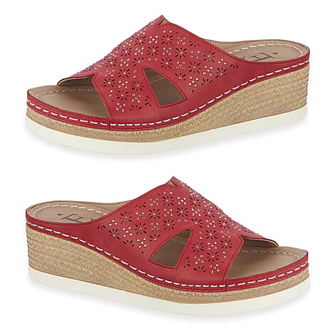 Emma Diamante Trim Ladies Wedge Sandals (Size 8) - Red