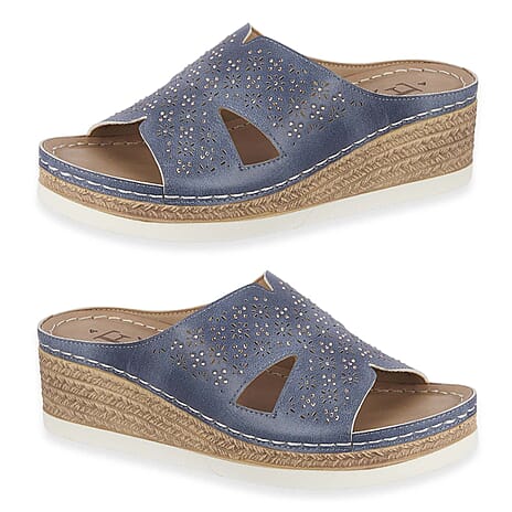 Emma Diamante Trim Ladies Wedge Sandals (Size 8) - Blue