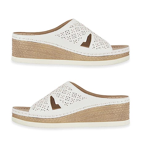 Emma Diamante Trim Ladies Wedge Sandals (Size 7) - White