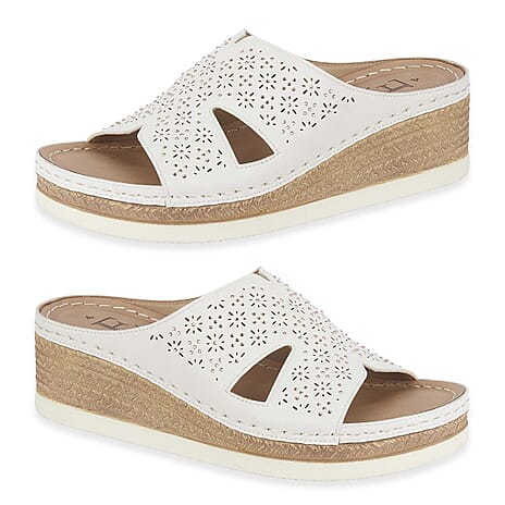 Emma Diamante Trim Ladies Wedge Sandals (Size 8) - White