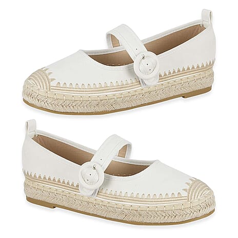 Mellow Ladies Espadrille Ballerina Shoes With Buckle Detail (Size 4) - White
