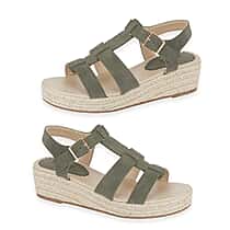 Emma Bonnie Espadrille Strappy T-Bar Wedge Heel Sandals With Adjustable Ankle Strap (Size 4) - Khaki