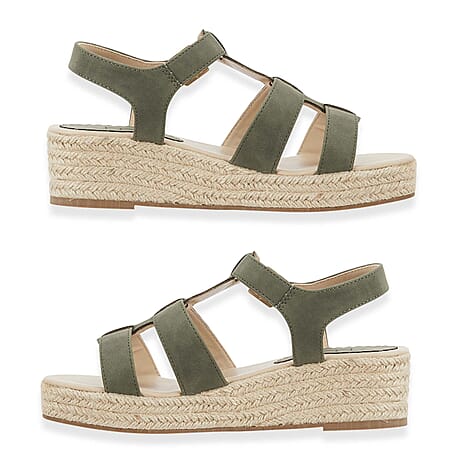 Emma Bonnie Espadrille Strappy T-Bar Wedge Heel Sandals With Adjustable Ankle Strap (Size 6) - Khaki