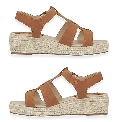 Emma Bonnie Espadrille Strappy T-Bar Wedge Heel Sandals With Adjustable Ankle Strap (Size 4) - Tan