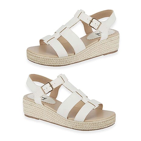 Emma Bonnie Espadrille Strappy T-Bar Wedge Heel Sandals With Adjustable Ankle Strap (Size 8) - White