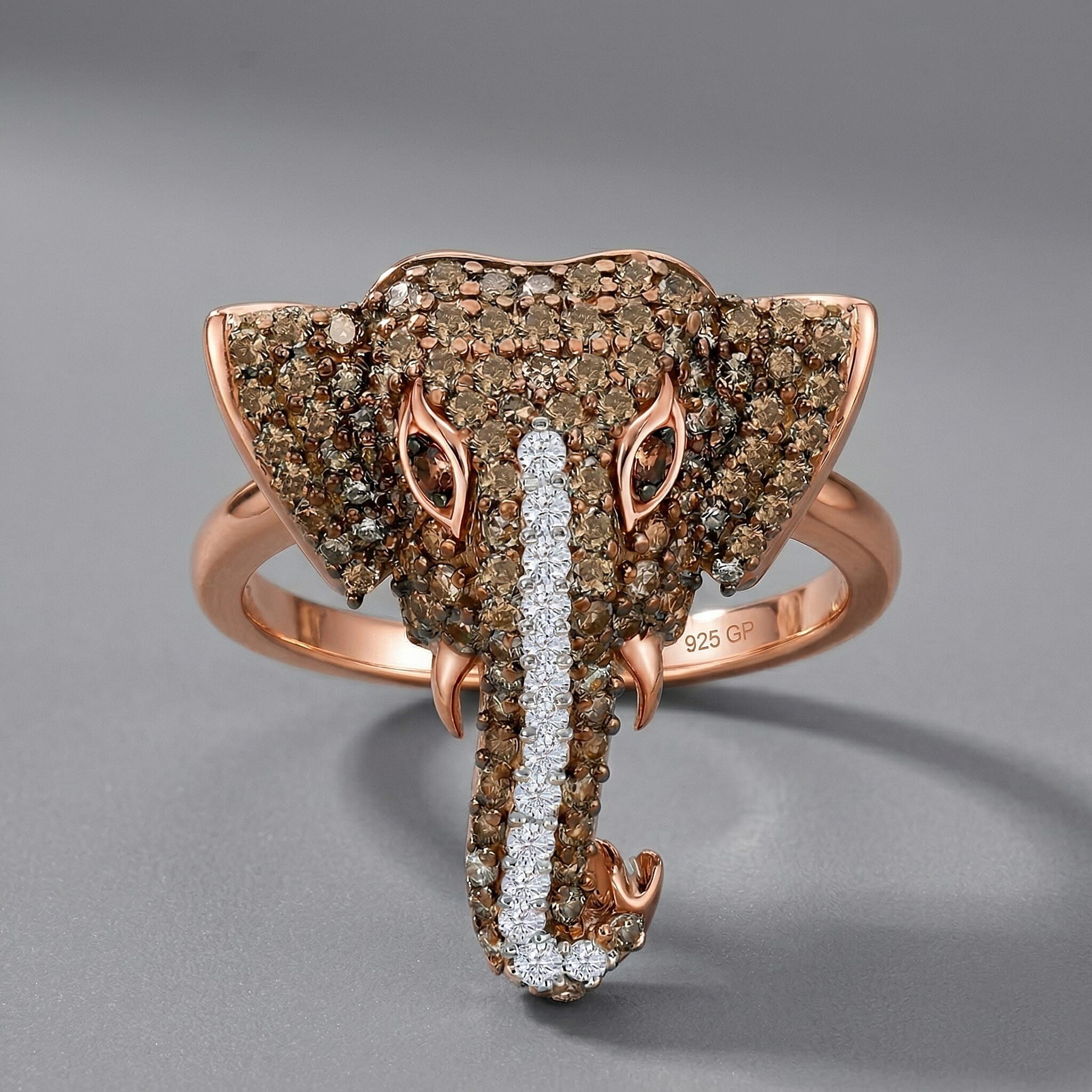 GP - Multi Diamond & Blue Sapphire Elephant Head Ring in 18K Vermeil Rose Gold Plated Sterling Silver 0.50 Ct.