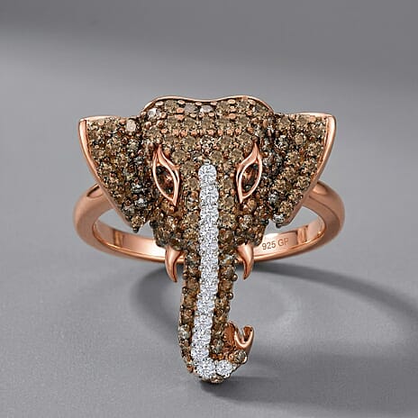 GP Family Legacy Italy - Natural Champagne Diamond With White & Red Diamond & Blue Sapphire Elephant Ring in 18K Gold Vermeil Sterling Silver 0.50Ct