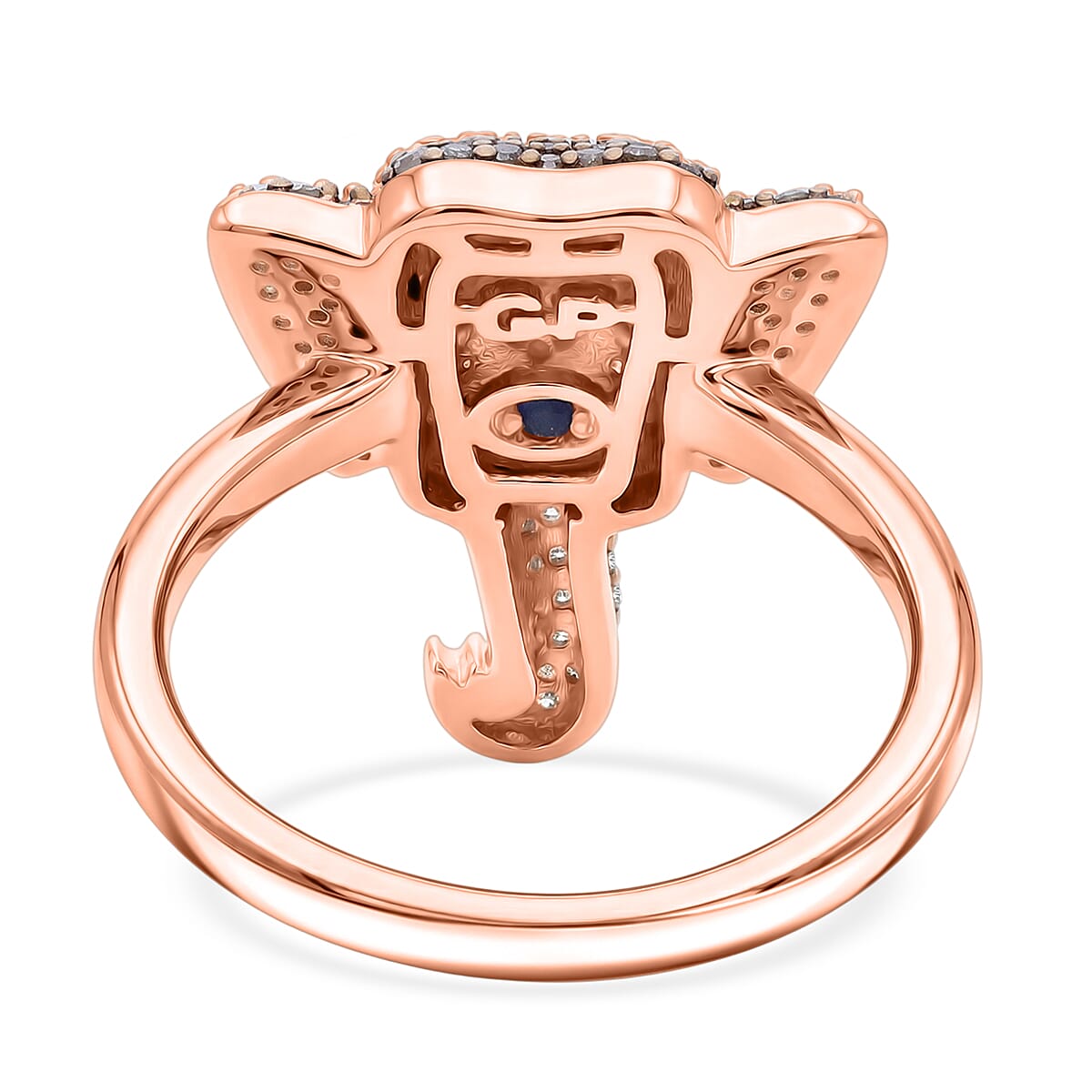 GP - Multi Diamond & Blue Sapphire Elephant Head Ring in 18K Vermeil Rose Gold Plated Sterling Silver 0.50 Ct.