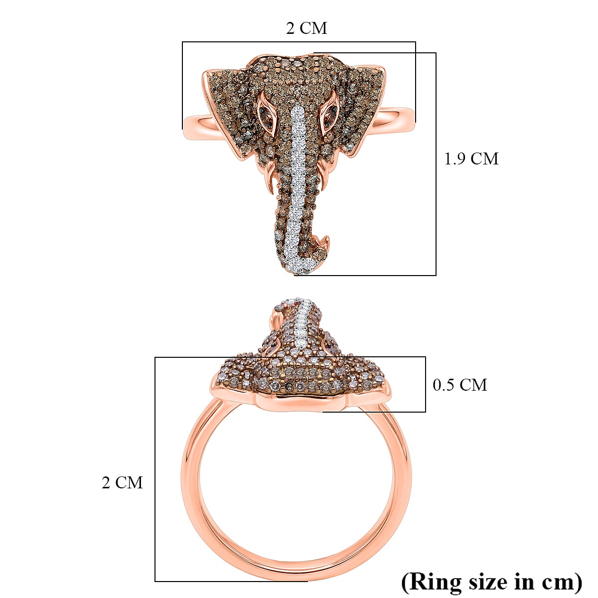 GP - Multi Diamond & Blue Sapphire Elephant Head Ring in 18K Vermeil Rose Gold Plated Sterling Silver 0.50 Ct.