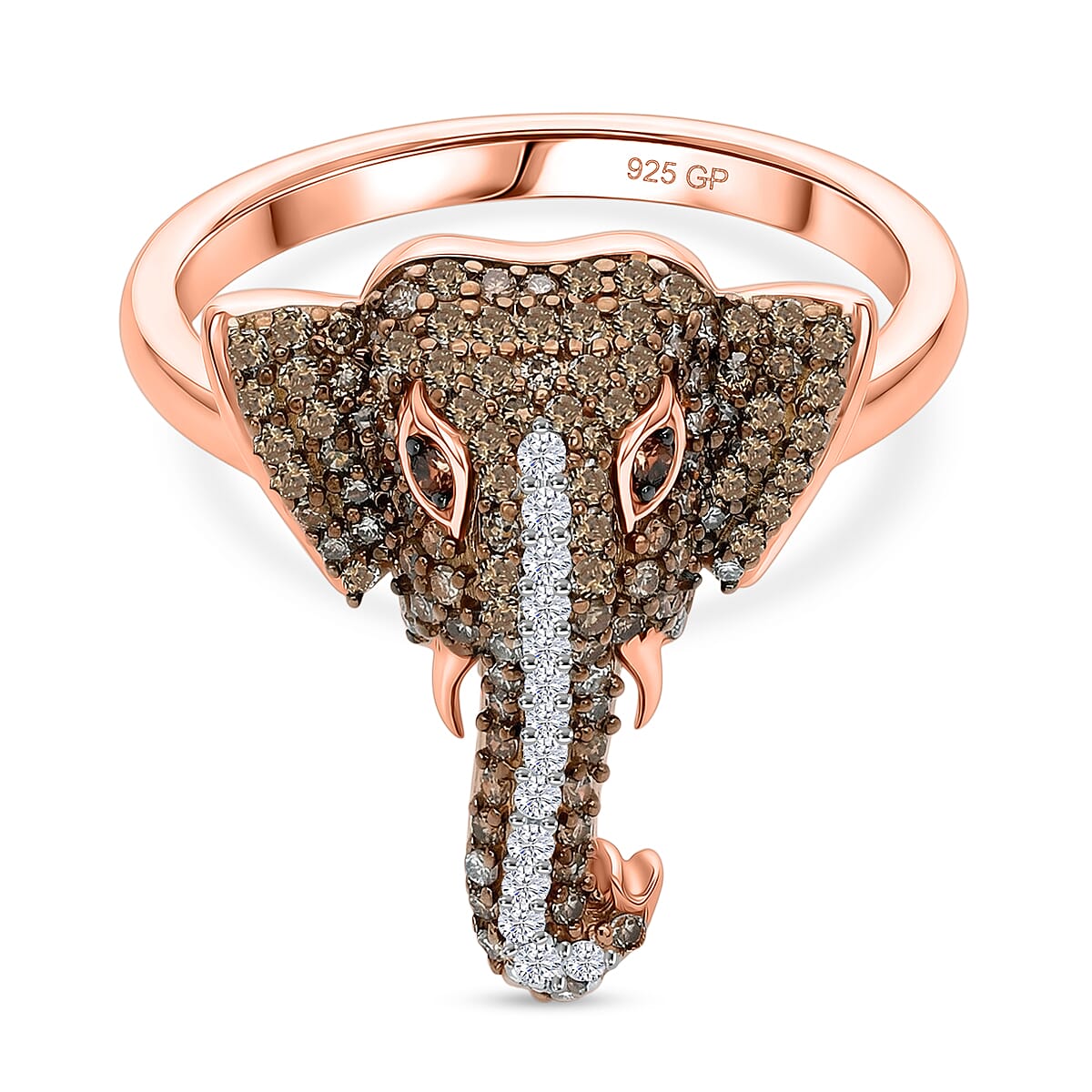 GP Family Legacy Italy - Natural Champagne Diamond With White & Red Diamond & Blue Sapphire Elephant Ring in 18K Gold Vermeil Sterling Silver 0.50Ct
