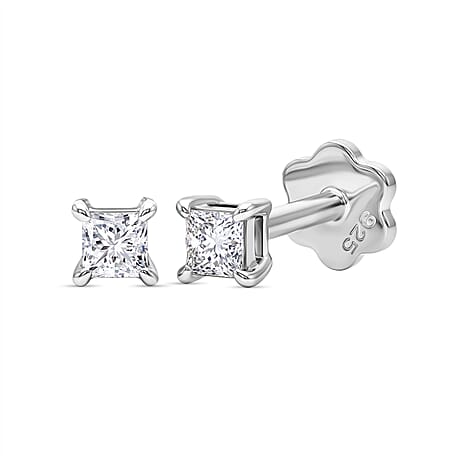Luxuriant VS-EF Lab Grown Diamond Solitaire Earring with Screw Back in Rhodium Overlay Sterling Silver 0.20 Ct.