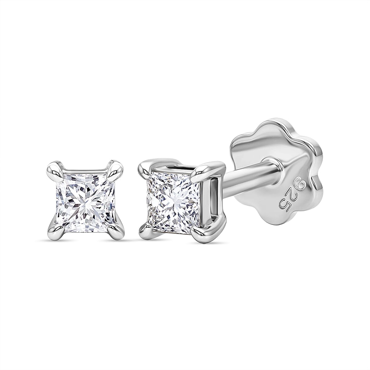 Luxuriant VS-EF Lab Grown Diamond Earring with Screw Back in Rhodium Overlay Sterling Silver 0.32 Ct.