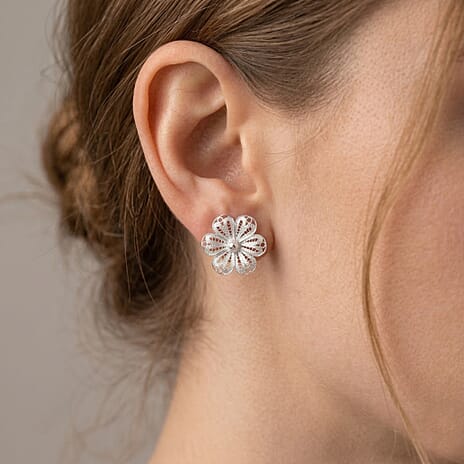 Royal Bali Collection - Sterling Silver Floral Stud Earring with Push Back