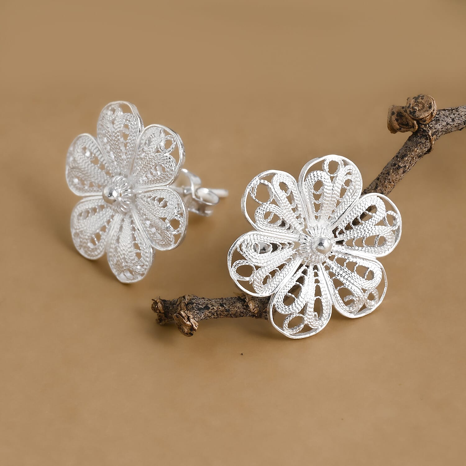 Royal Bali Collection - Sterling Silver Floral Stud Earring with Push Back