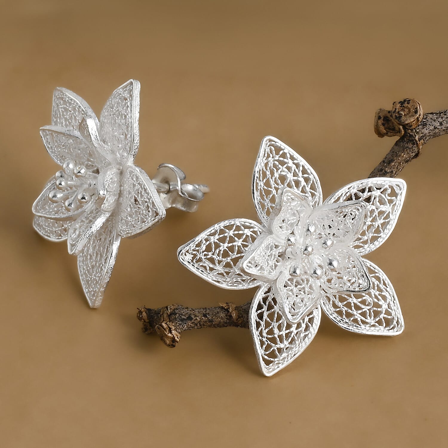 Royal Bali Collection - Sterling Silver Floral Stud Earring with Push Back