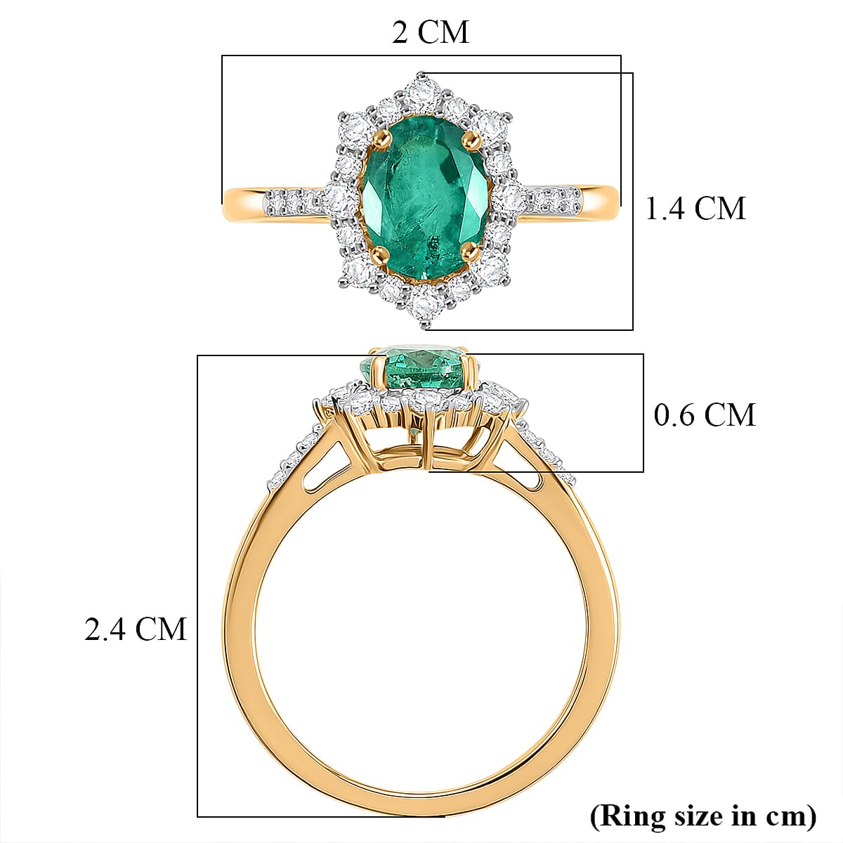 One to Own - 9K Yellow Gold AAA Emerald & White Diamond Halo Ring 1.43 Ct
