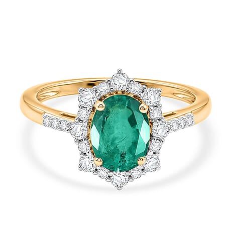 AAA Premium Zambian Emerald & Natural White Diamond 9K Yellow Gold Halo Ring 1.50 Ct