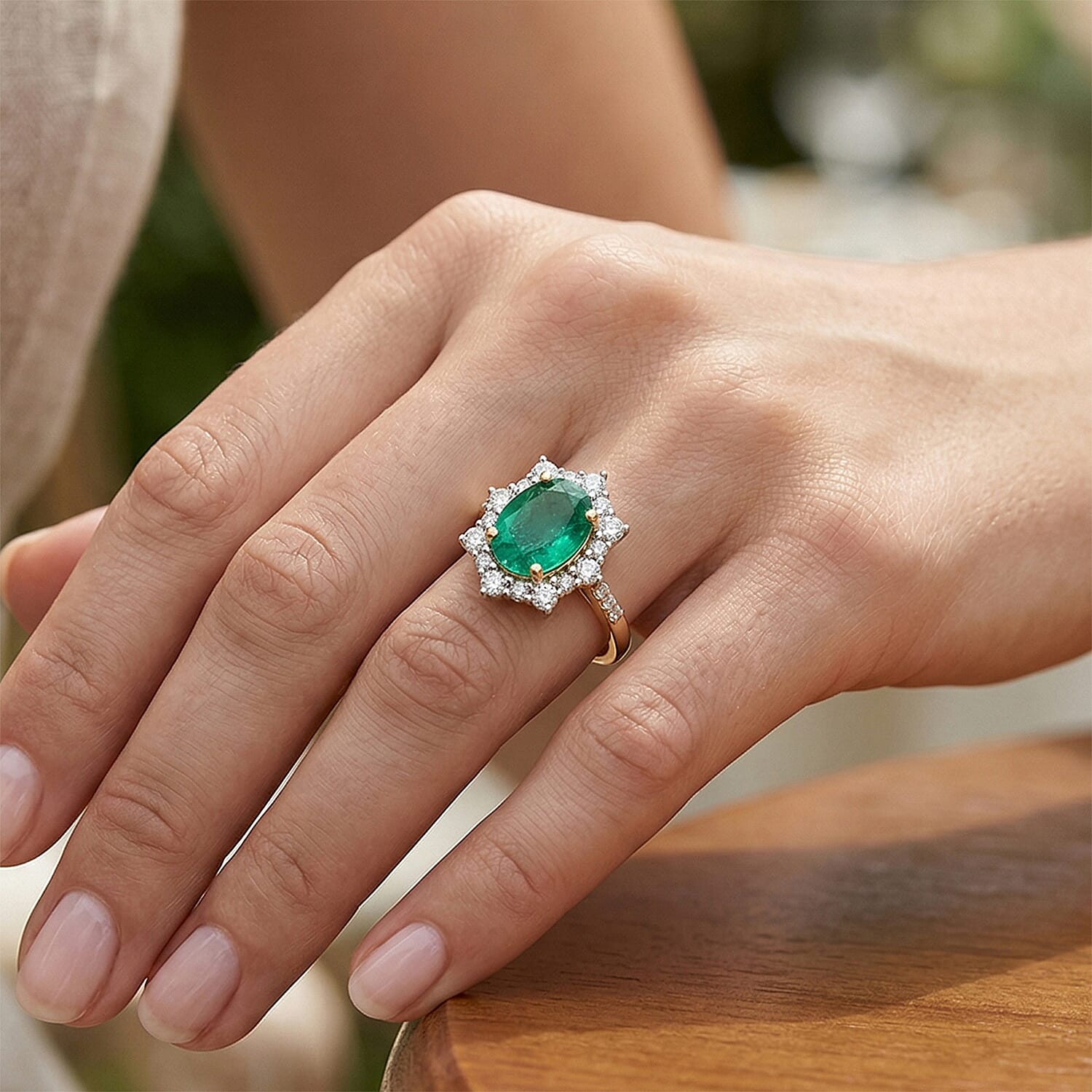 AAA Premium Zambian Emerald & Natural White Diamond 9K Yellow Gold Halo Ring 1.50 Ct