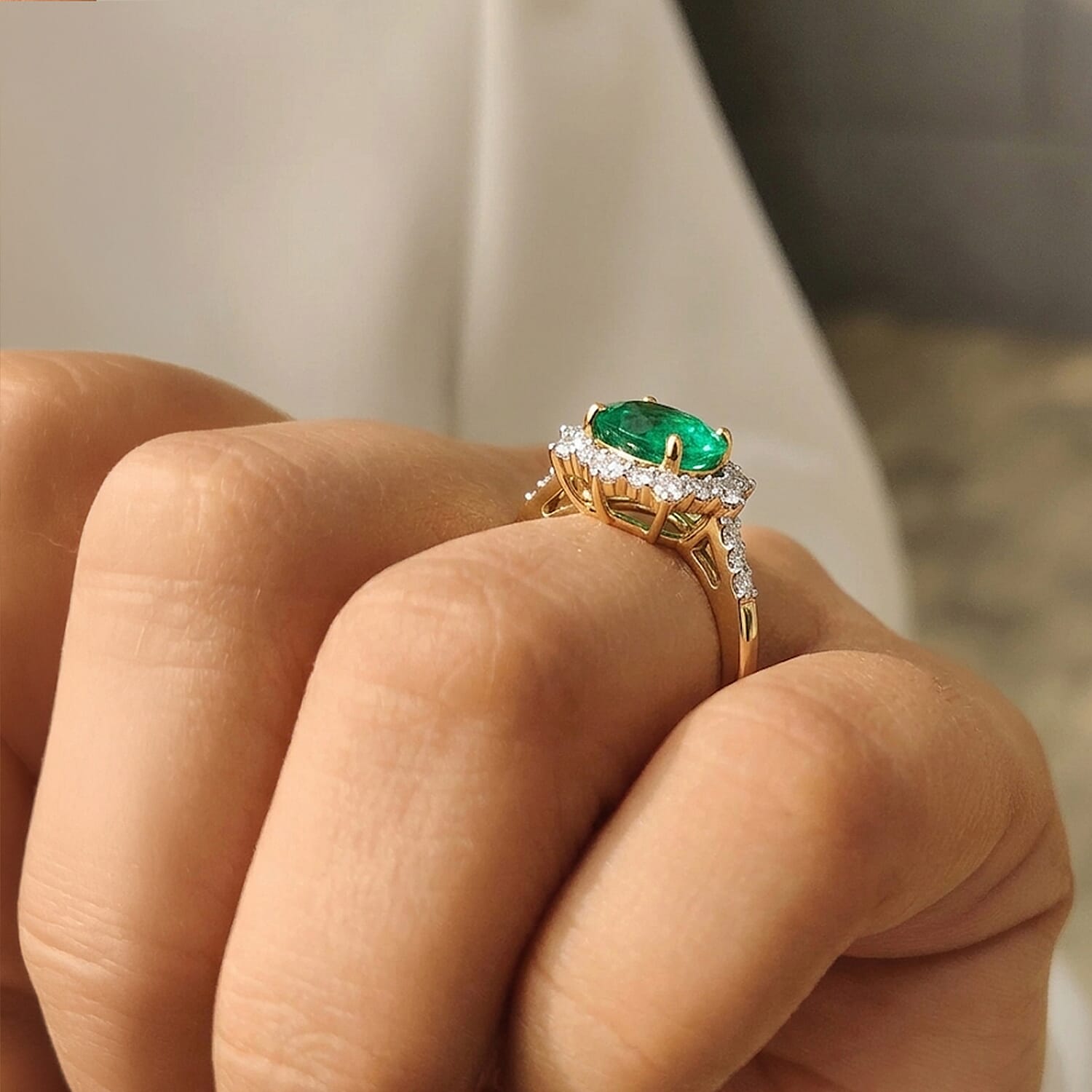 AAA Premium Zambian Emerald & Natural White Diamond 9K Yellow Gold Halo Ring 1.50 Ct
