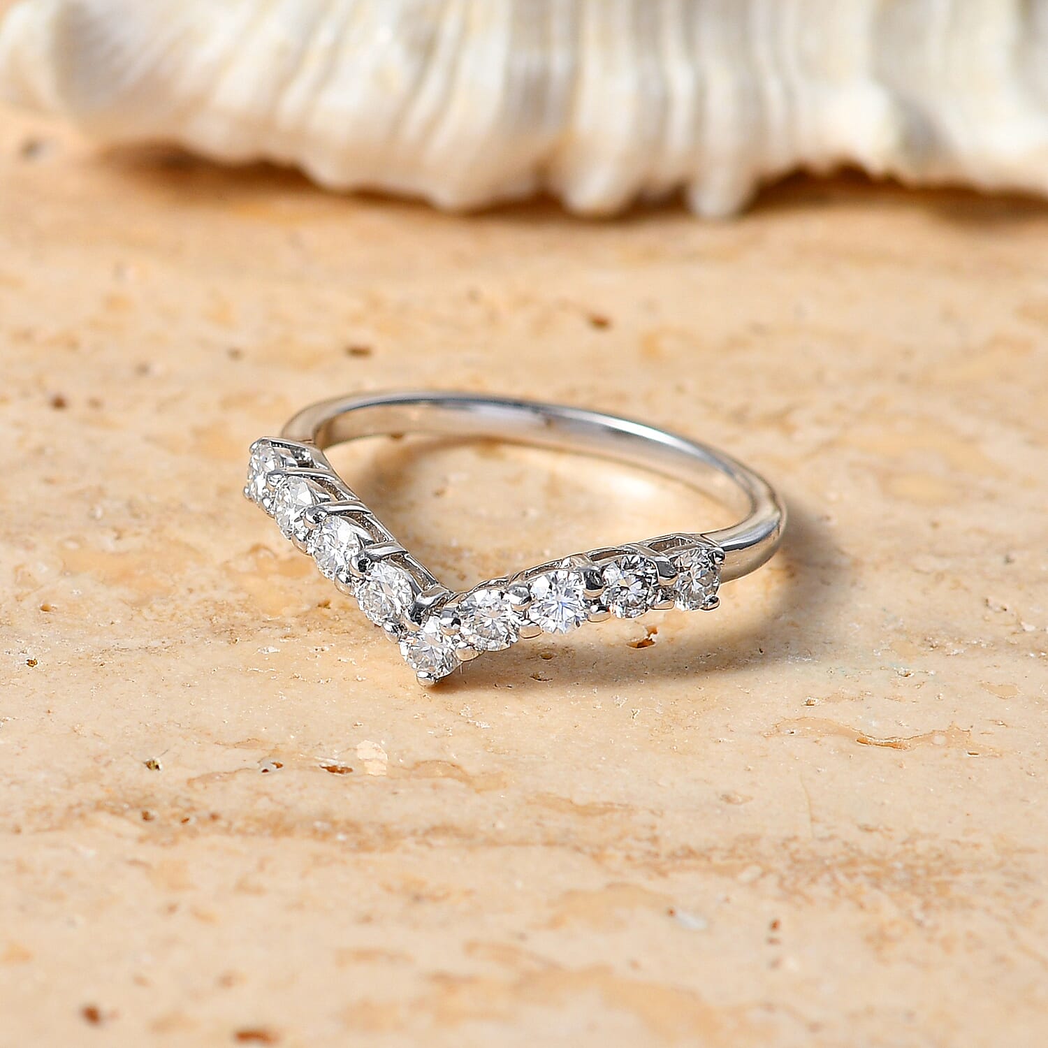Moissanite Wishbone Ring in Platinum Overlay Sterling Silver
