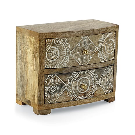 Handcrafted from Rich Mango Wood Painted Two Drawer Box (9.5 x 21 x 18cm) - Natural
