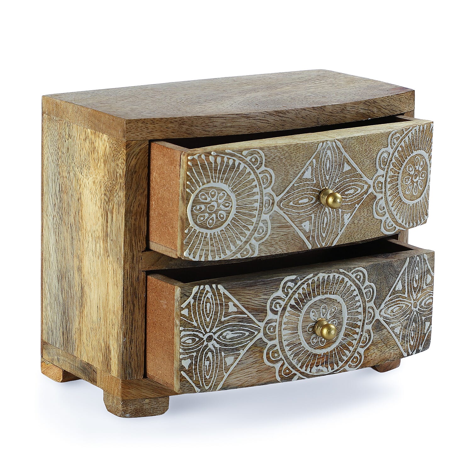 Handcrafted from Rich Mango Wood Painted Two Drawer Box (9.5 x 21 x 18cm) - Natural