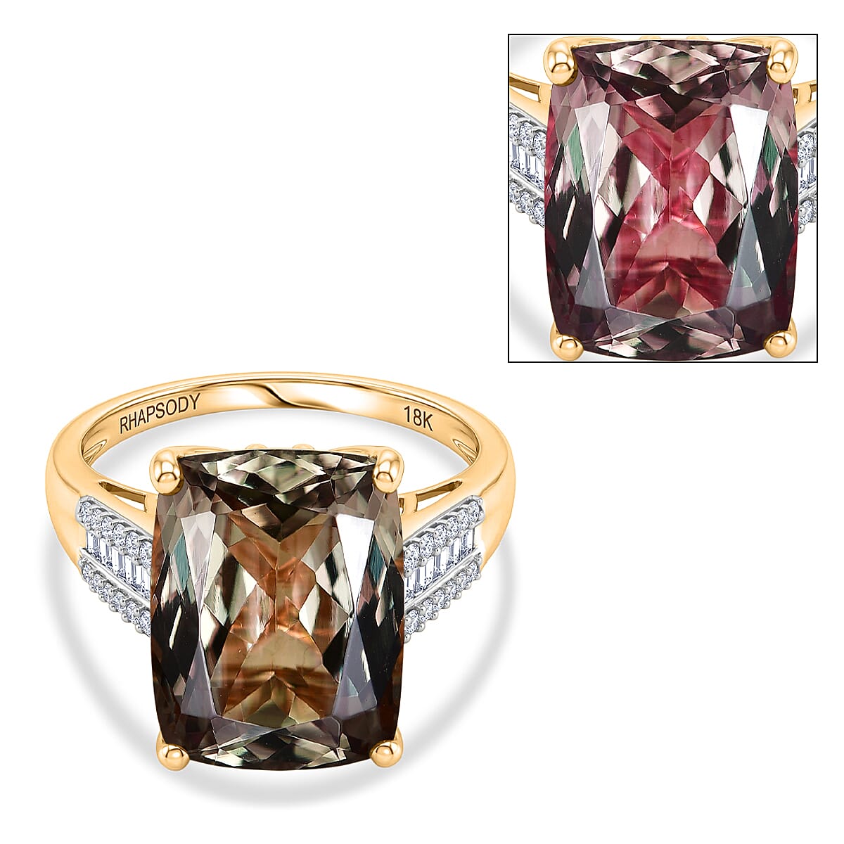Rhapsody 18K Yellow Gold AAAA Turkizite & VS-E-F White Diamond Cushion Cut Solitaire Ring 10.05 Ct, Gold Wt. 4.60 Gms
