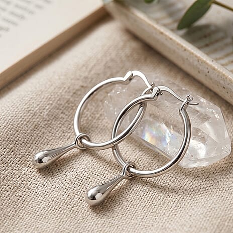 LUCY Q - Rhodium Overlay Sterling Silver Drop Hoop Earrings with Clasp 8.00 Grams