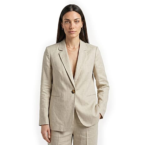 Charlotte West Womens Linen Blazer With 2 Front Pockets (Size 14) - Oatmeal