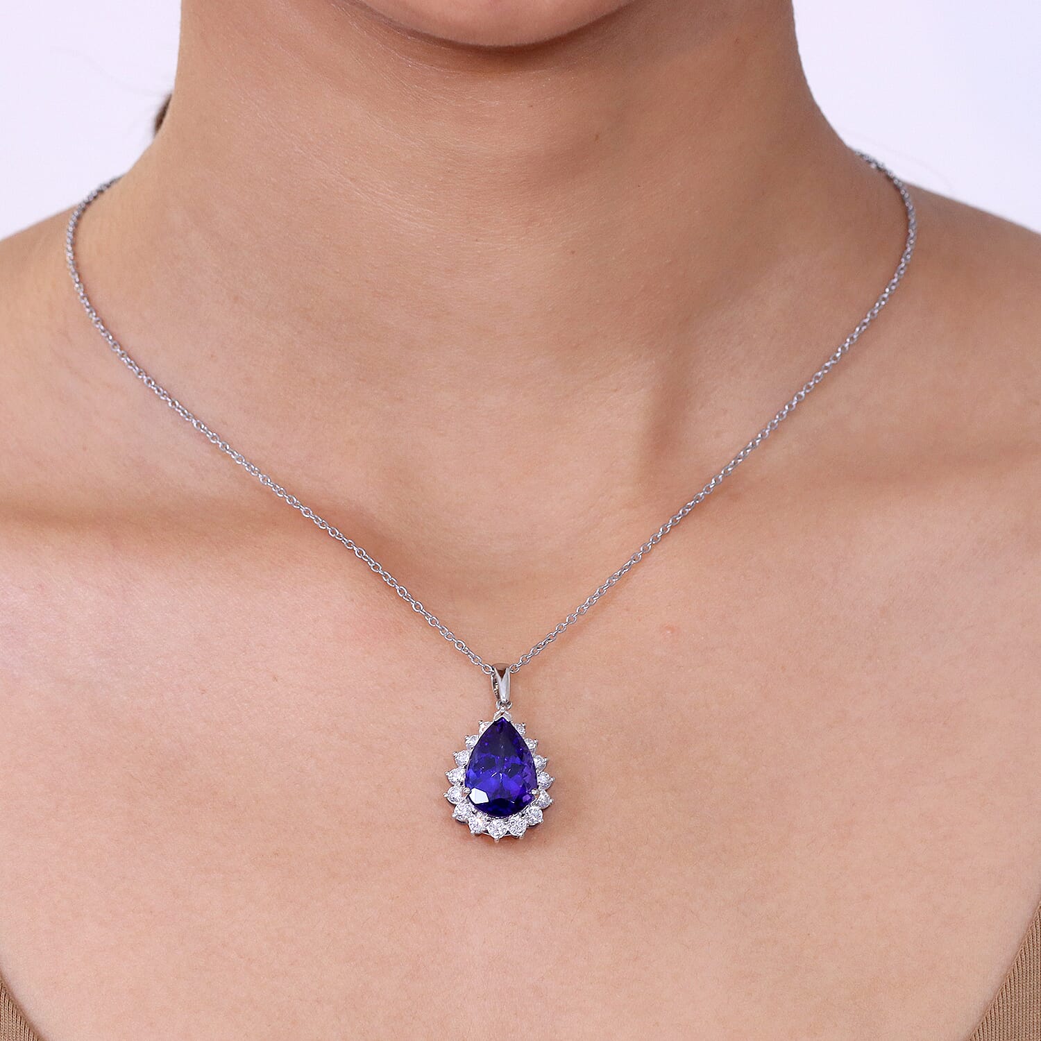 Rhapsody 950 Platinum AAAA Tanzanite VS-E-F White Diamond Halo Pendant 11.58 Ct, Platinum Wt. 5.60 Gms