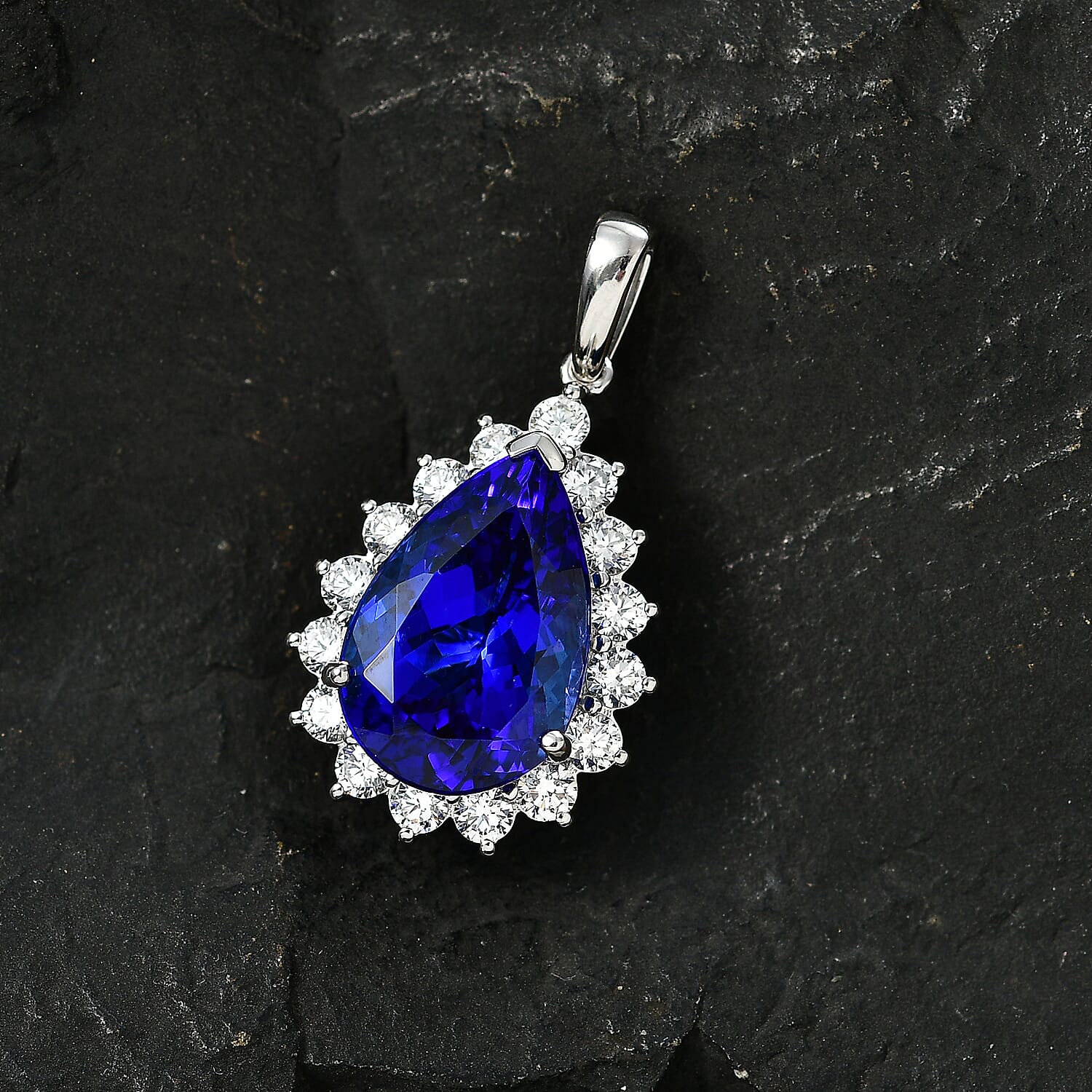 Rhapsody 950 Platinum AAAA Tanzanite VS-E-F White Diamond Halo Pendant 11.58 Ct, Platinum Wt. 5.60 Gms