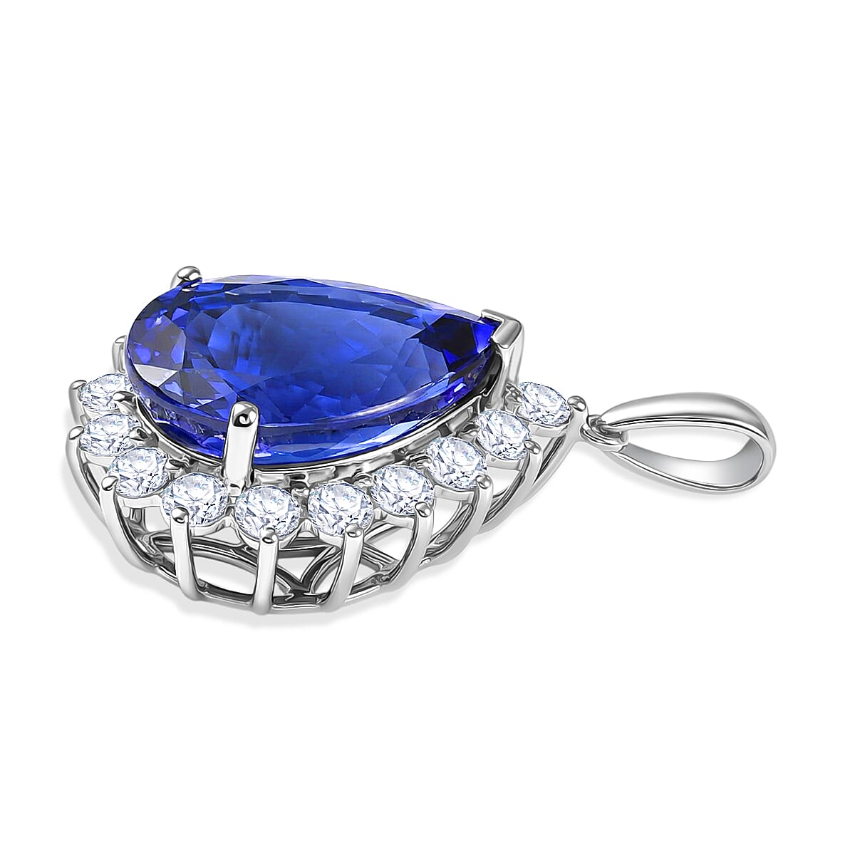 Rhapsody 950 Platinum AAAA Tanzanite VS-E-F White Diamond Halo Pendant 11.58 Ct, Platinum Wt. 5.60 Gms