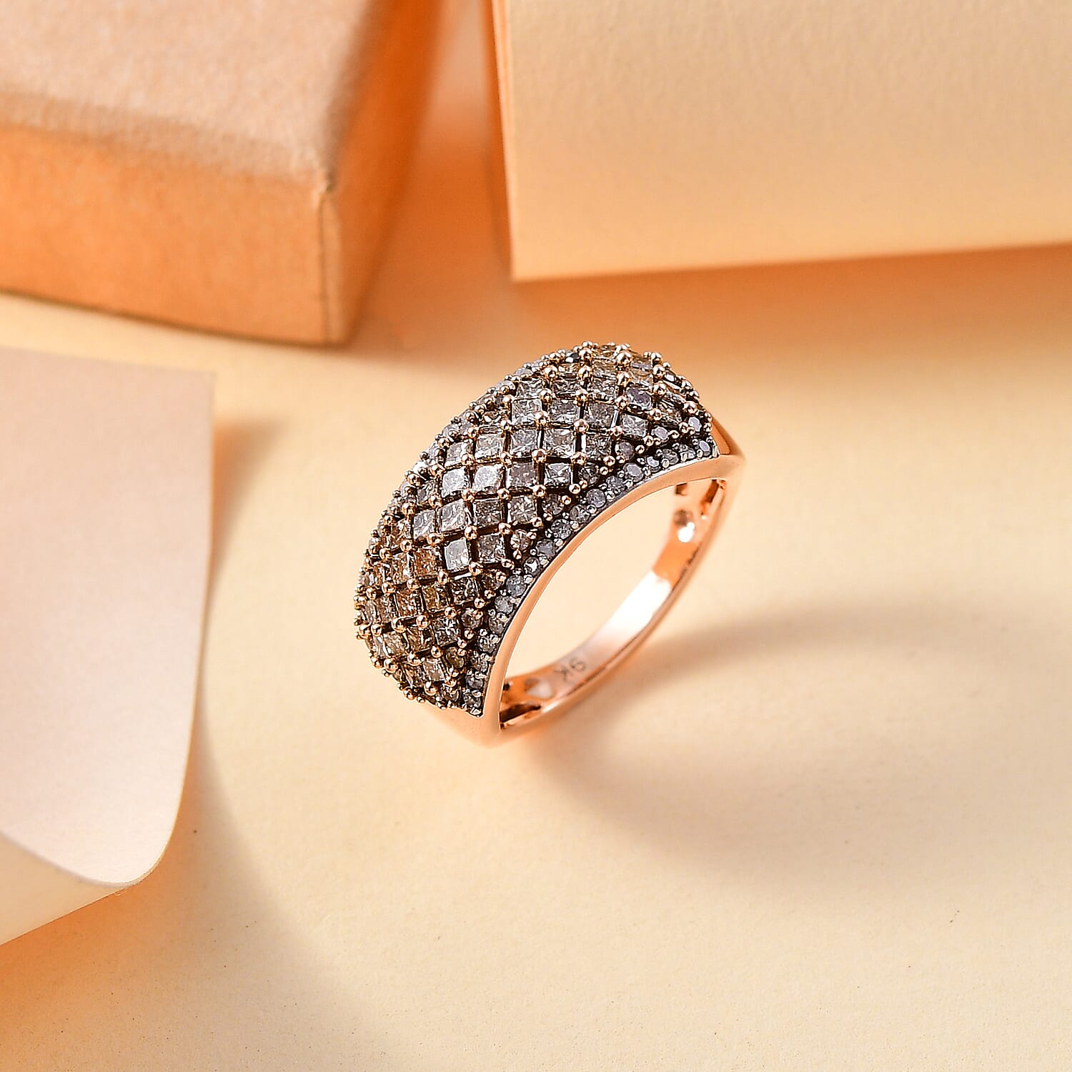 9K Rose Gold I3 Champagne Diamond, White Diamond I3 Band Ring, Gold Wt.4.5 Gms  1.510  Ct.